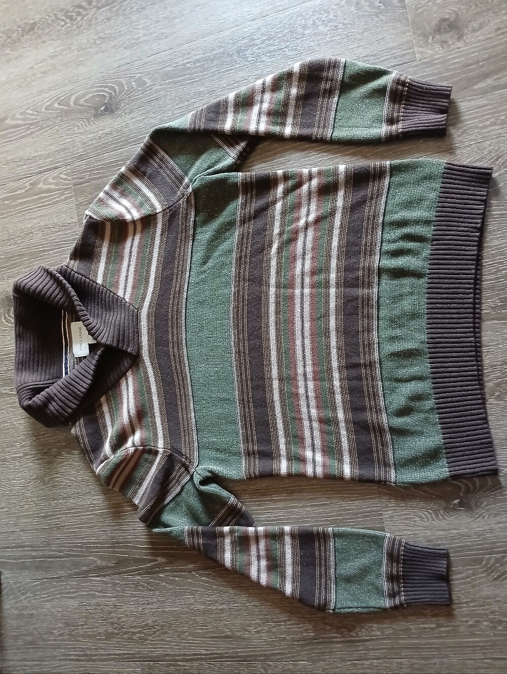 Sun + Stone Green and Brown Striped Faux Turtleneck Sweater 100% Cotton EUC